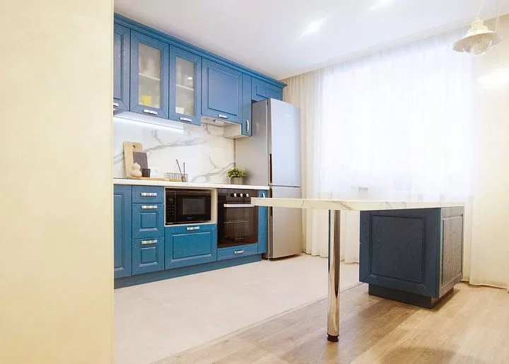 Кухня 511, с островом, синяя