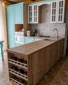 Кухня 538, с островом, голубая